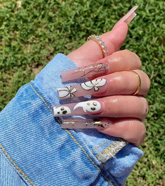 42 Best Halloween Nail Ideas in 2022 : Sheer Long Nails with Ghost & Pumpkin
