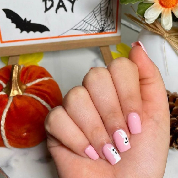 42 Best Halloween Nail Ideas in 2022 : Ghost Pink Nails