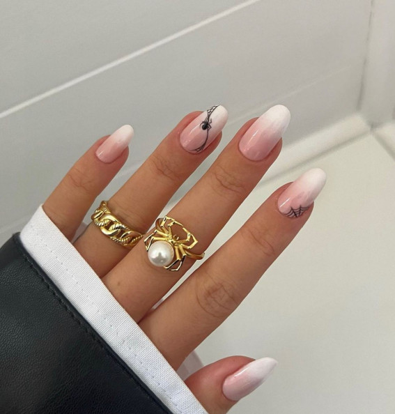 42 Best Halloween Nail Ideas in 2022 : Ombre Nails with Spider & Cobweb
