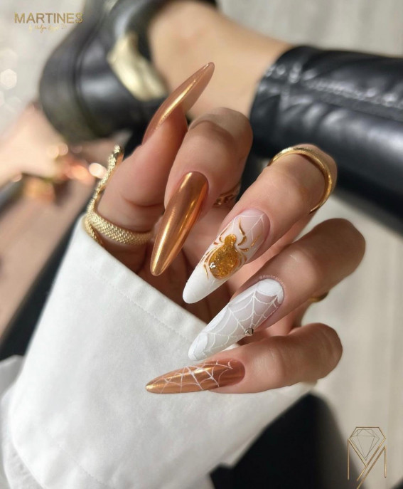 42 Best Halloween Nail Ideas in 2022 : Gold and White Halloween Nails