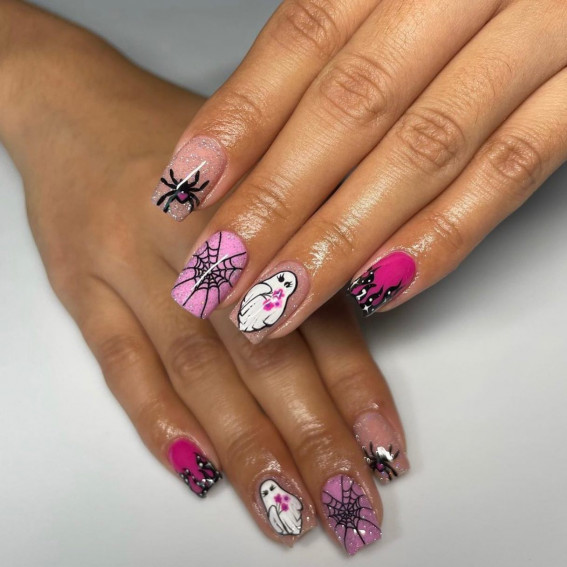 42 Best Halloween Nail Ideas in 2022 : Two Shades of Pink Spooky Nails