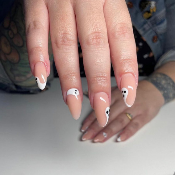 42 Best Halloween Nail Ideas in 2022 : Ghost Natural Almond Nails