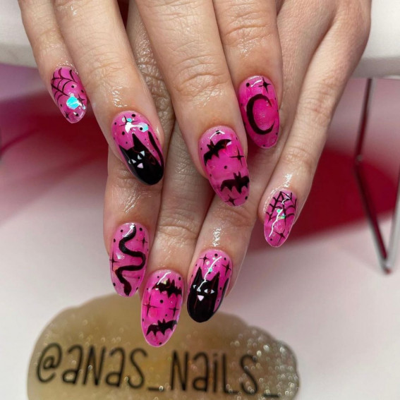 42 Best Halloween Nail Ideas in 2022 : Sparkly Pink Spooky Nails