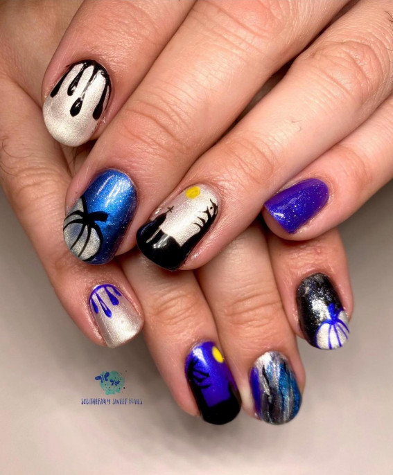 42 Best Halloween Nail Ideas in 2022 : Blue and Silver Halloween Nails