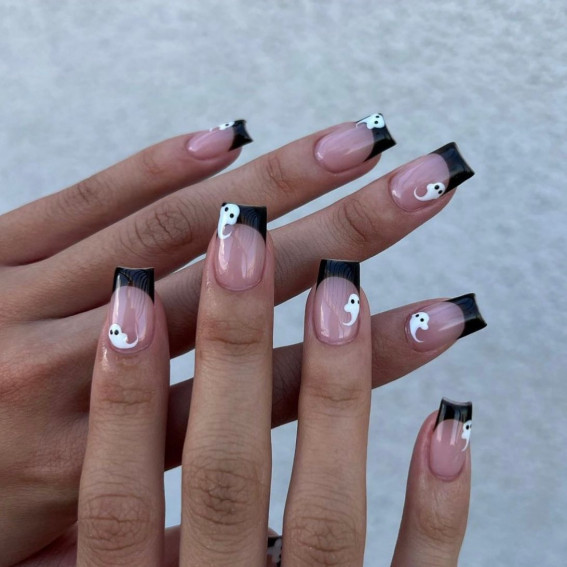 42 Best Halloween Nail Ideas in 2022 : Black French Tip Nails with Ghost