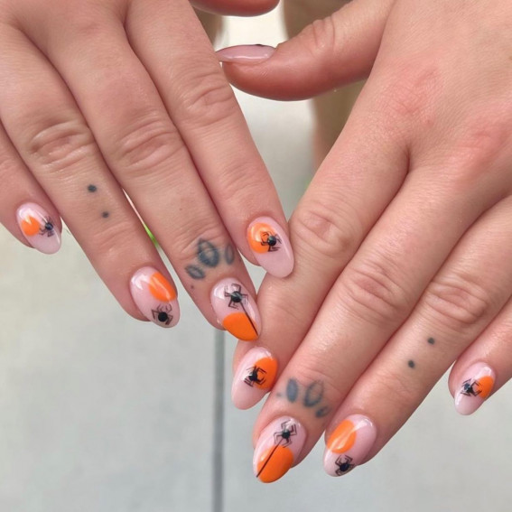 42 Best Halloween Nail Ideas in 2022 : Orange Abstract Nails with Spiders