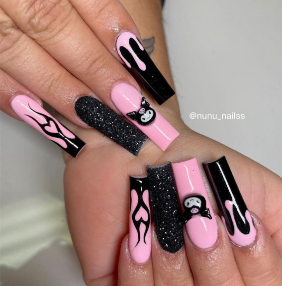 42 Best Halloween Nail Ideas in 2022 : Black and Pink Acrylic Nails