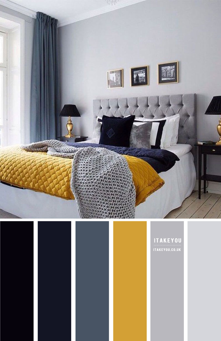 Grey Bedroom with Dark Blue & Mustard