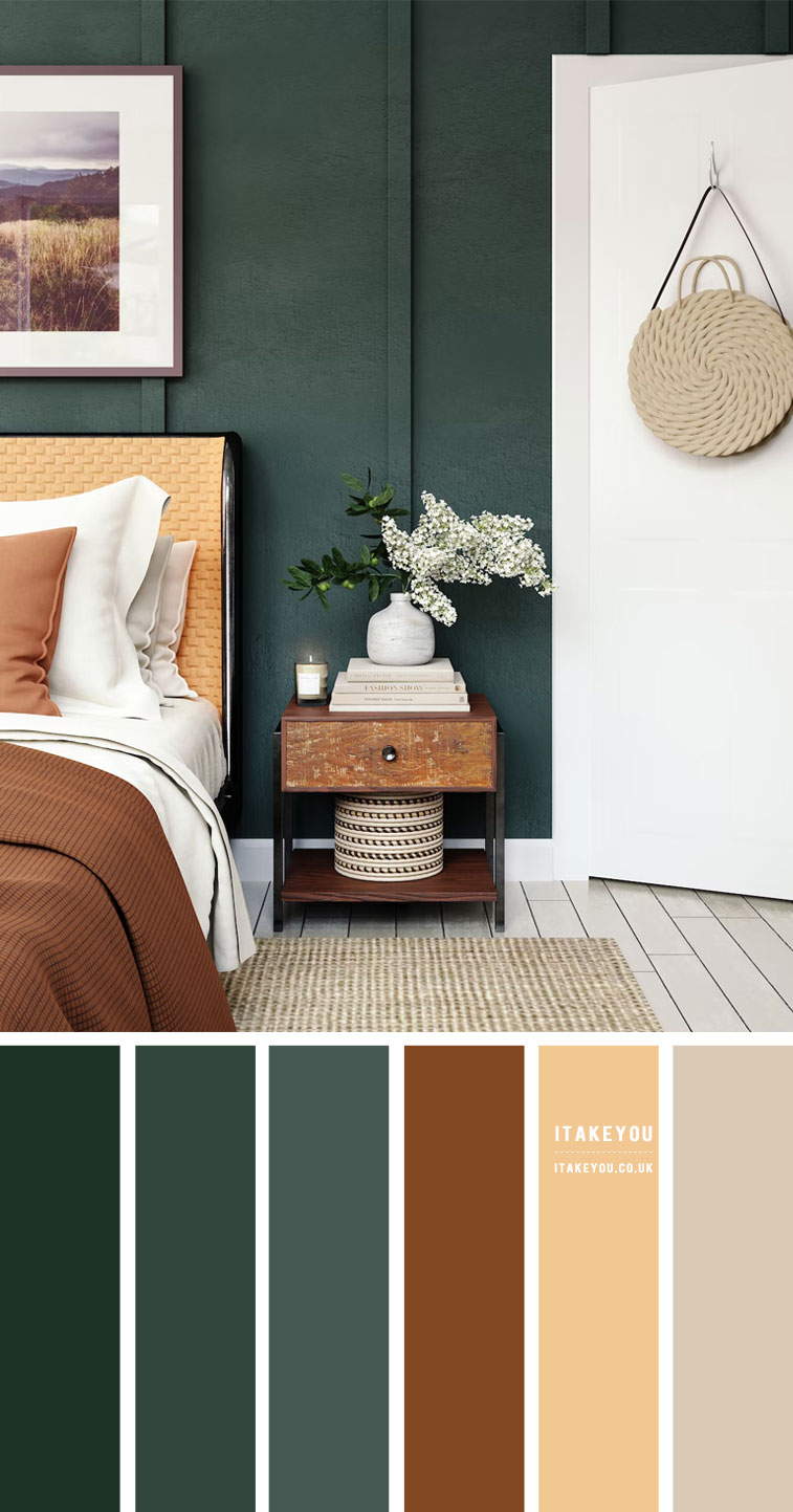 muted green and brown bedroom, matte green and brown bedroom, dark green and brown bedroom, green bedroom color ideas, brown and green bedroom