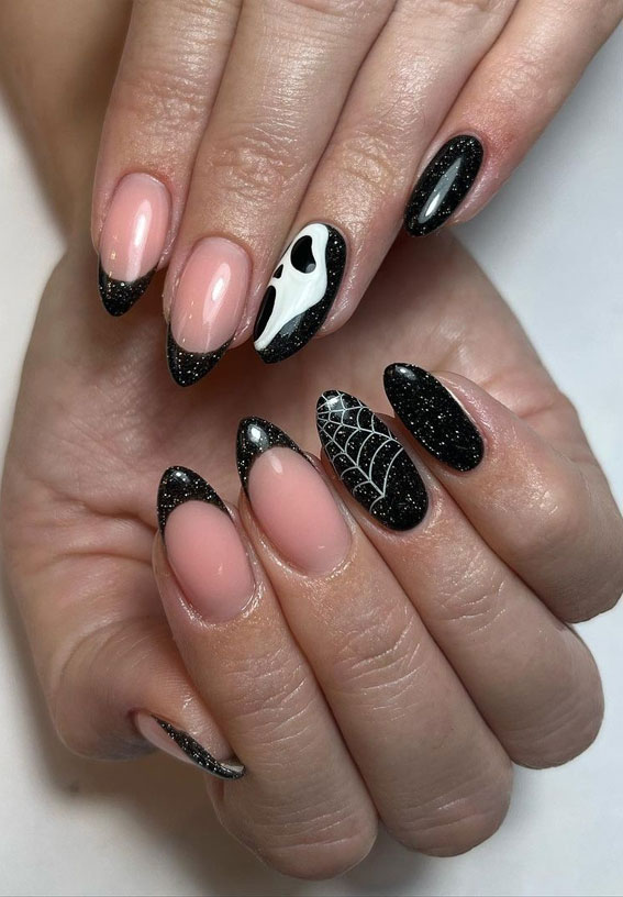 30+ Spooky Halloween Nail Ideas : Black French + Ghost Face + Cobwebs