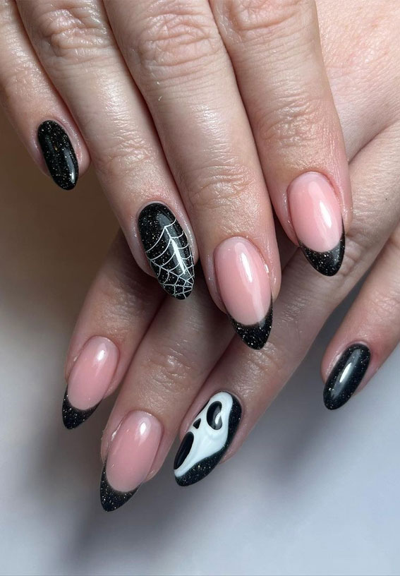 30+ Spooky Halloween Nail Ideas : Cobwebs+ Ghost Face + French Tips