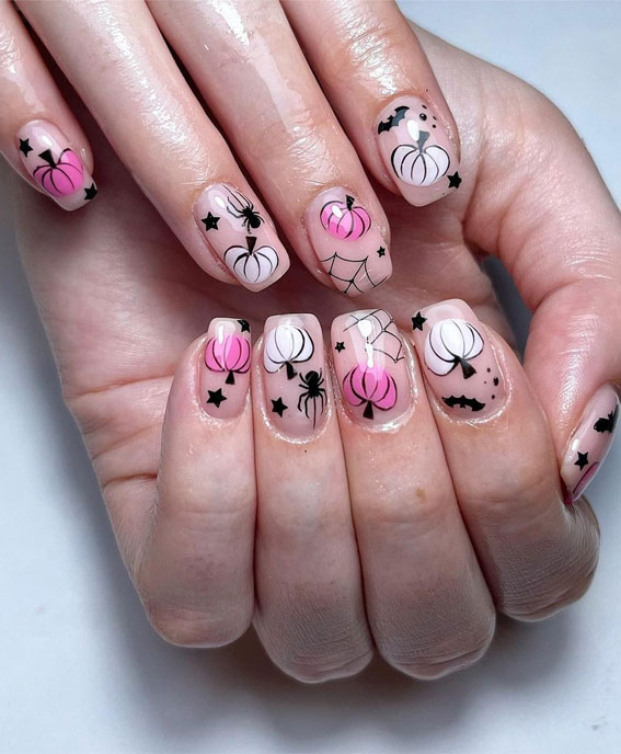 30+ Spooky Halloween Nail Ideas : Pink and White Pumpkins