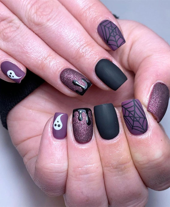 30+ Spooky Halloween Nail Ideas : Mismatched Matte Dark Nails