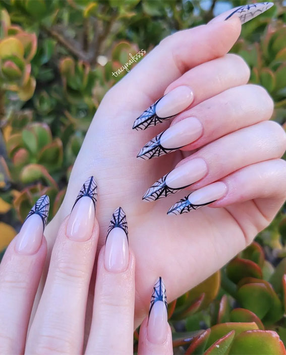 30+ Spooky Halloween Nail Ideas : Cobweb French Tips Gel X extensions