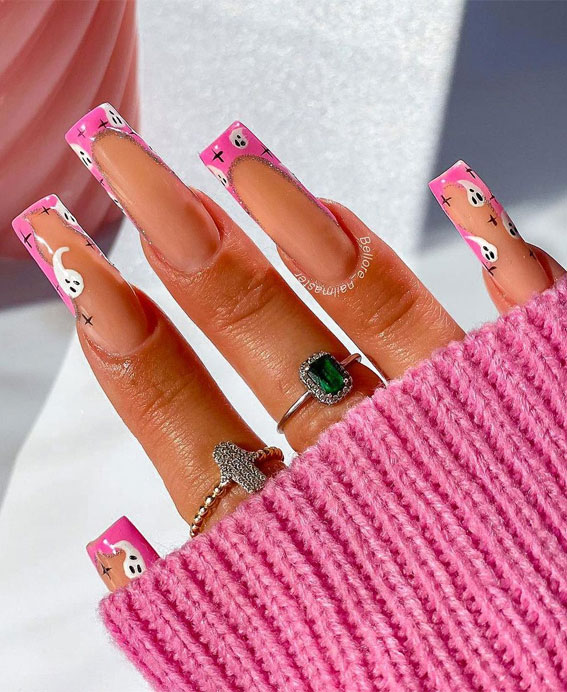 30+ Spooky Halloween Nail Ideas : Pink French Halloween Set 