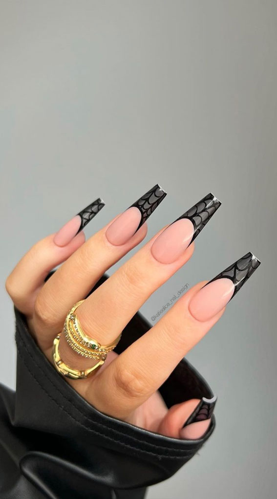 30+ Spooky Halloween Nail Ideas : Spider Web Black Sheer French Nails 