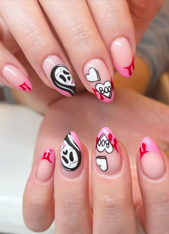 30+ Spooky Halloween Nail Ideas : Pink French Tips + Red Drips
