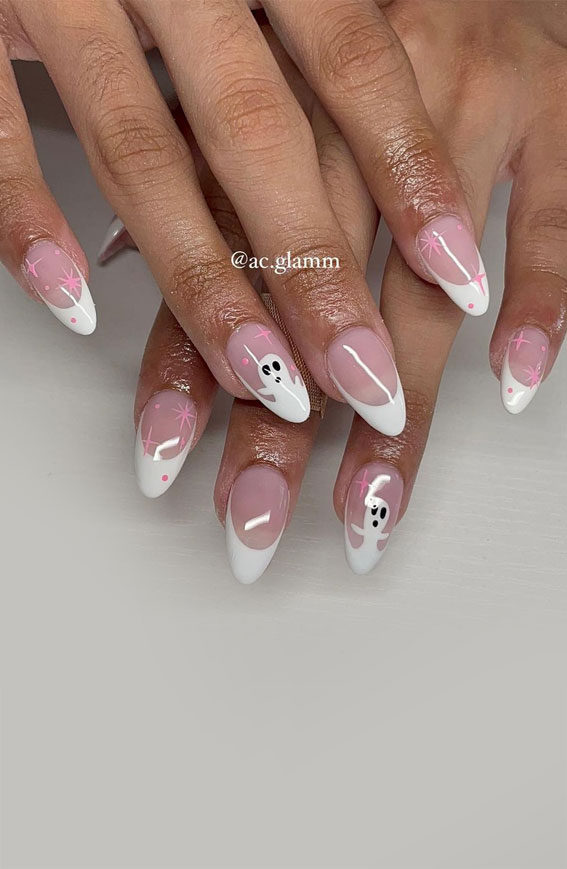30+ Spooky Halloween Nail Ideas : White French Tips with Ghost Accents