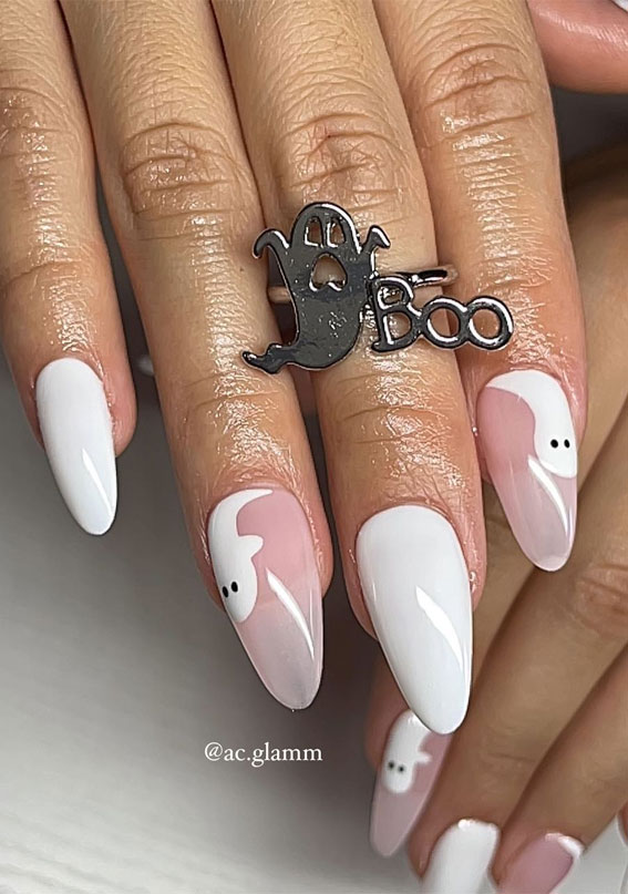 30+ Spooky Halloween Nail Ideas : White and Sheer Nails with Ghost
