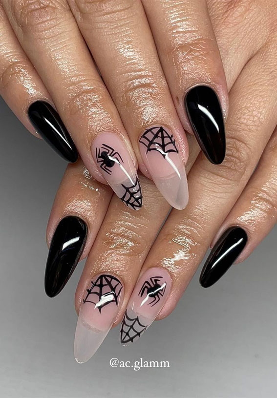 30+ Spooky Halloween Nail Ideas : Black and Sheer Nails with Spider Accents
