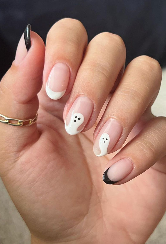 42 Best Halloween Nail Ideas in 2022 : Ghost + Black French Tip Nails