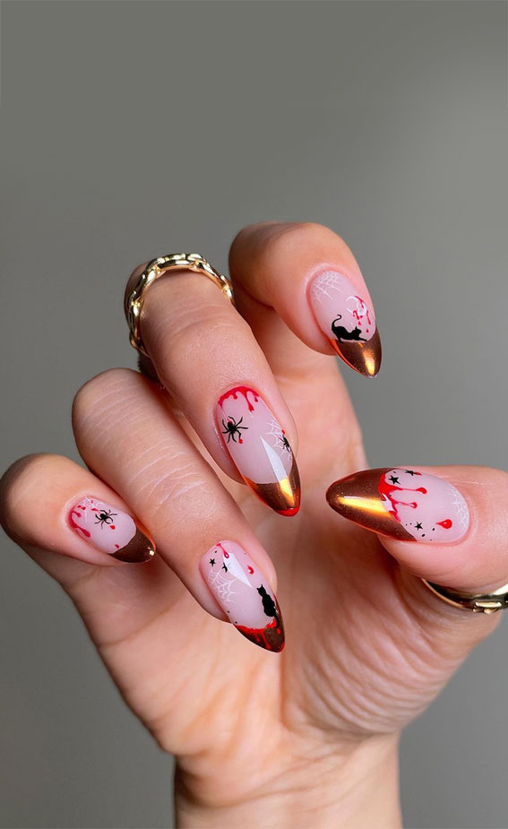30+ Spooky Halloween Nail Ideas : Gold French Tip with Red Drip