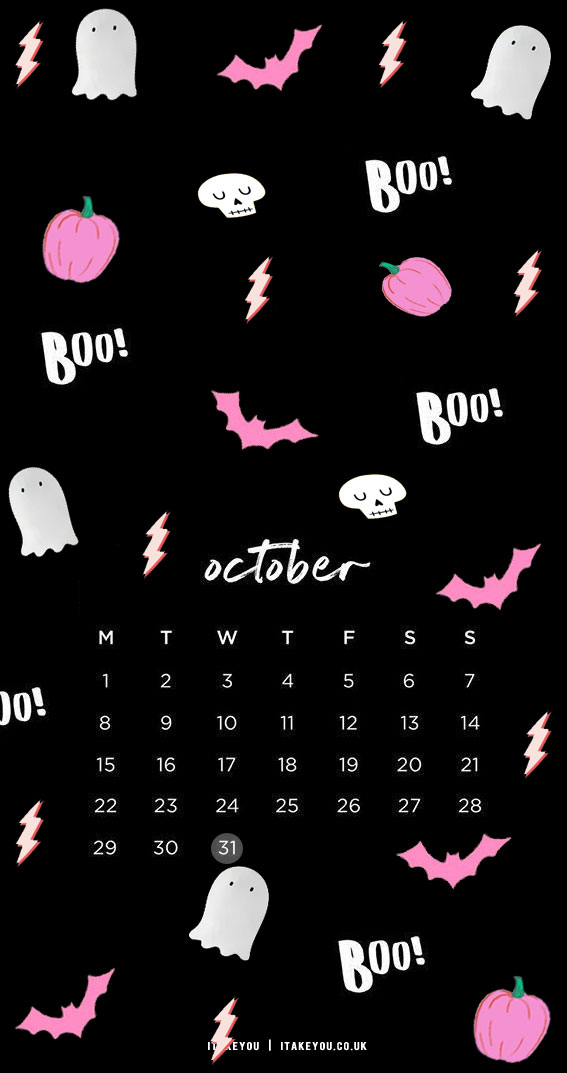 10+ Spooky Halloween Wallpaper Ideas : Black and Pink October Calendar