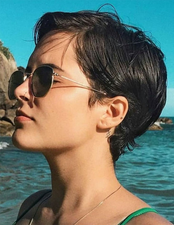 40 Best Pixie Haircuts & Hairstyles For Any Hair Type : Sleek Pixie Brunette
