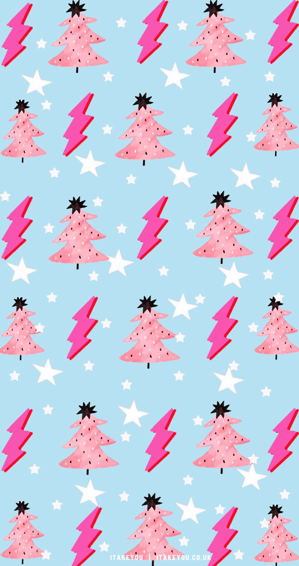 40+ Preppy Christmas Wallpaper Ideas : Pink Christmas Tree Light Blue Background