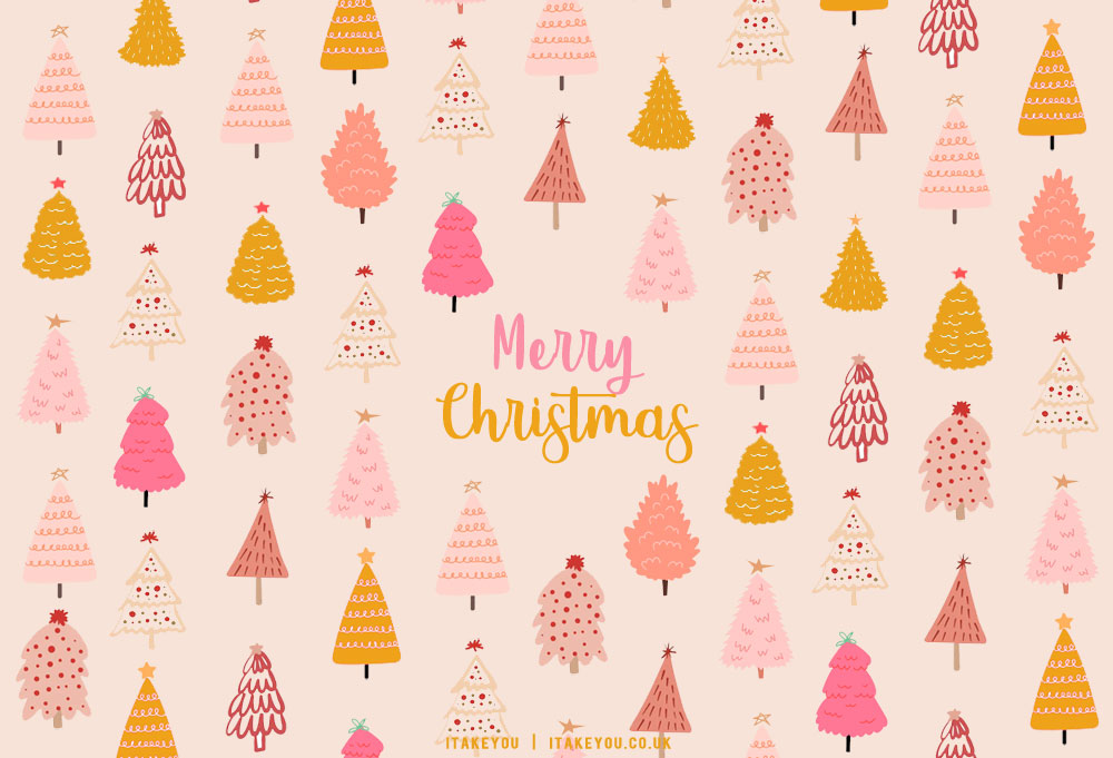 40+ Preppy Christmas Wallpaper Ideas : Mustard & Pink Christmas Tree Wallpaper For Desktop
