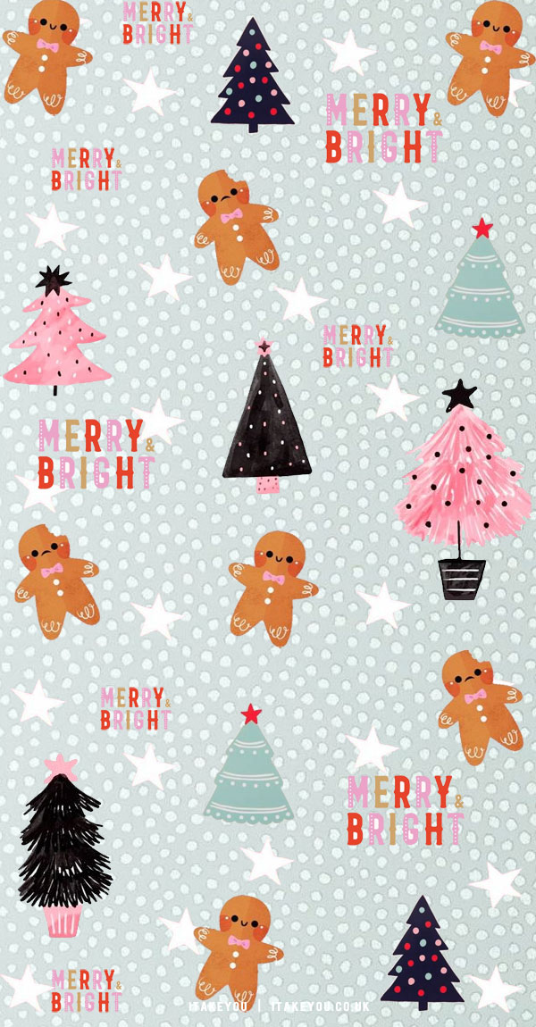 40+ Preppy Christmas Wallpaper Ideas : Gingerbread Man, Christmas Tree Blue Background