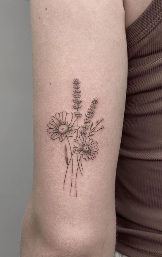 30+ Beautiful Flower Tattoo Ideas : A Bunch of Daisy & Lavender Tattoo I Take You