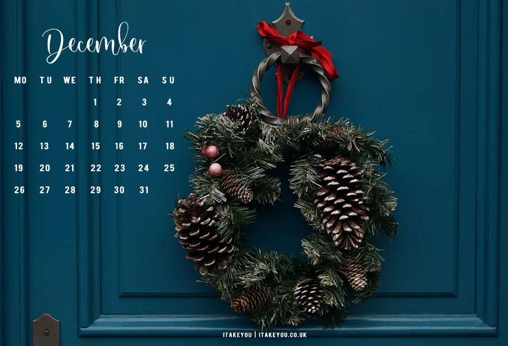 30+ Free December Wallpapers : Teal Door + Wreath Wallpaper