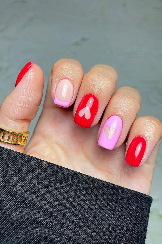 valentine's day nails 2023, red heart tip valentine nails, valentine nails, pink love heart nails, love heart french tip nails, valentine nails 2023, heart nails 2023, heart tip nails, heart nails brown, red valentine nails, pink nails 2023