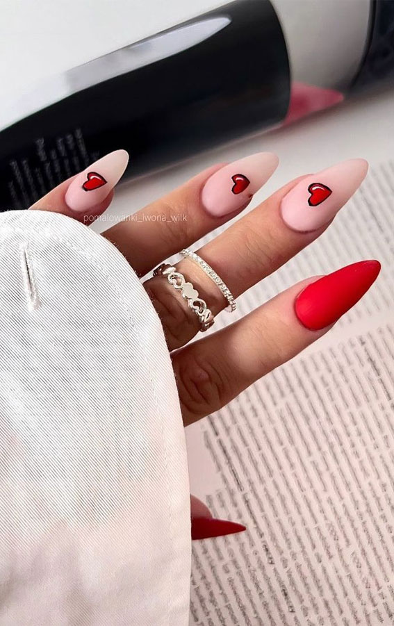 love heart nails, valentine's day nails 2023, red heart tip valentine nails, valentine nails, pink love heart nails, love heart french tip nails, valentine nails 2023, heart nails 2023, heart tip nails, heart nails brown, red valentine nails, pink nails 2023