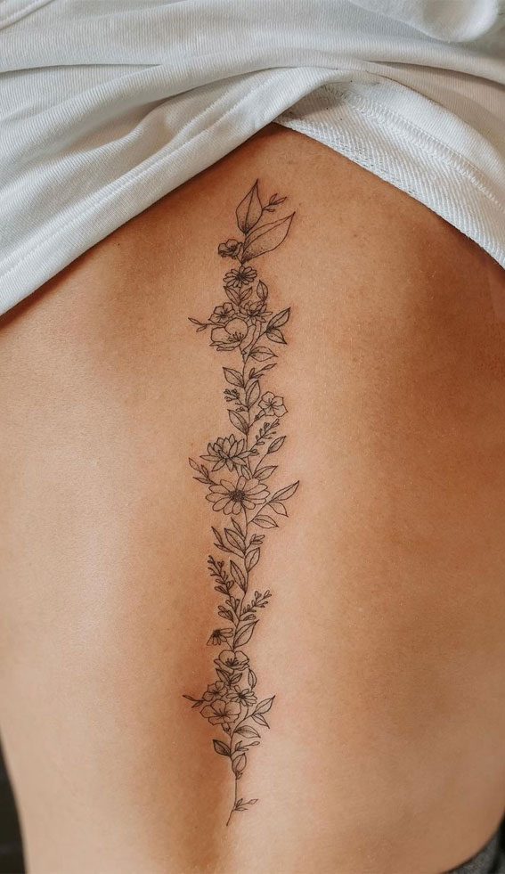 70+ Beautiful Tattoo Designs For Women : Birth Flower Spine Piece