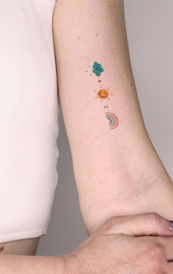 70+ Beautiful Tattoo Designs For Women : Cloud + Sun + Rainbow