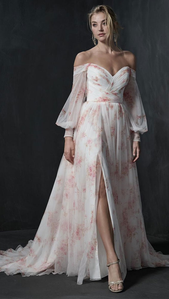 chiffon wedding dress, wedding dress fabric, floral print wedding dress