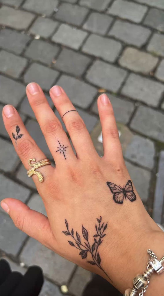 25 Beautiful Hand Tattoo Ideas : Leave, Butterfly & Star