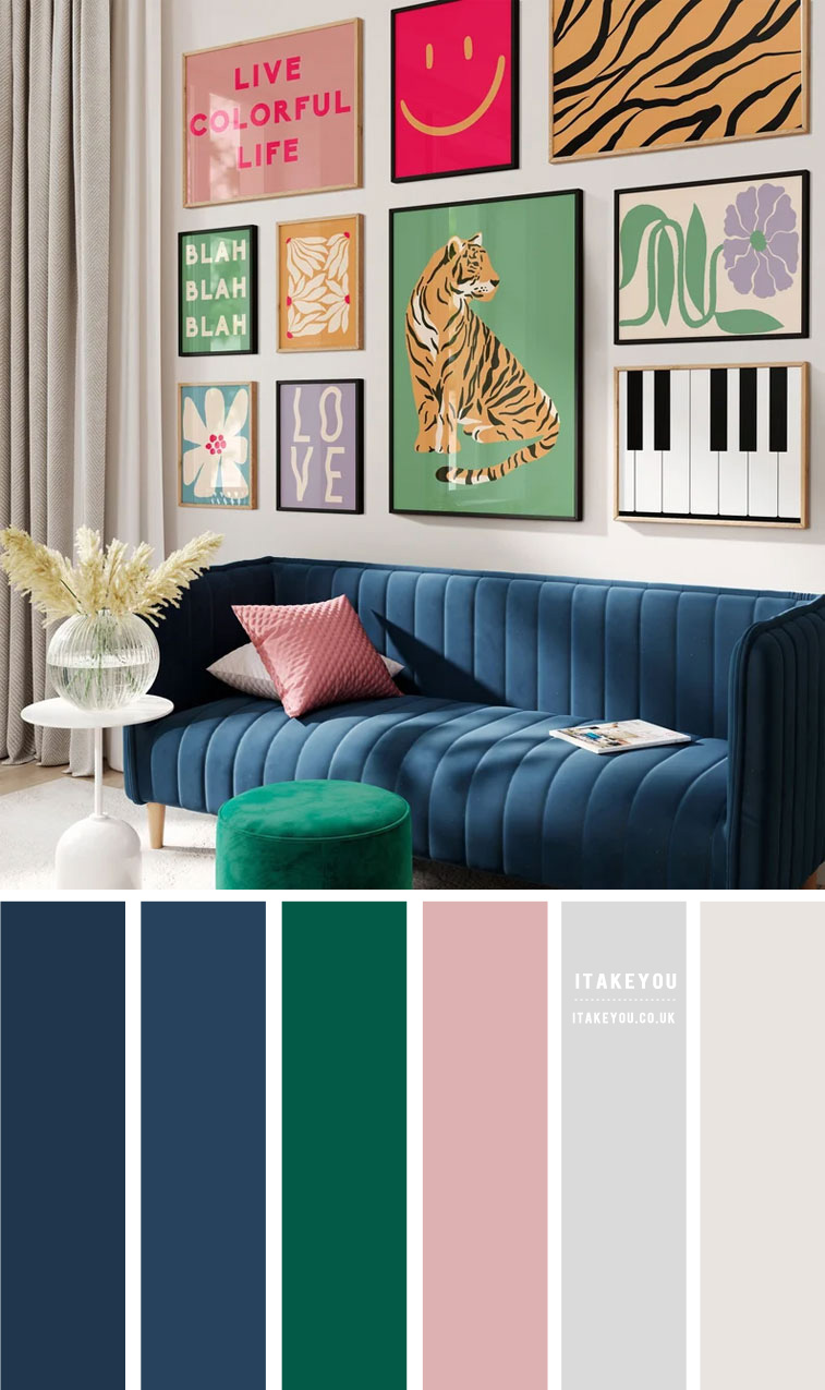 Light Grey Living Room with Navy Blue & Green