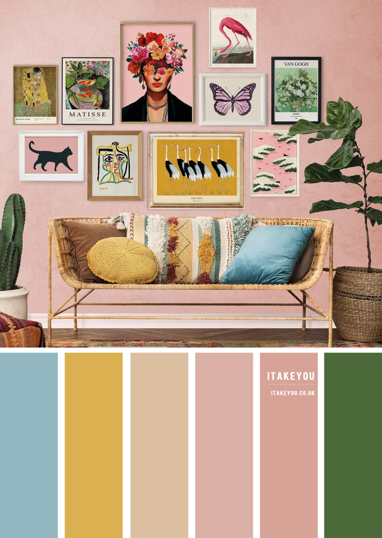 pink color combo, pink and mustard color combo, pink and yellow color scheme, pink and green color combo