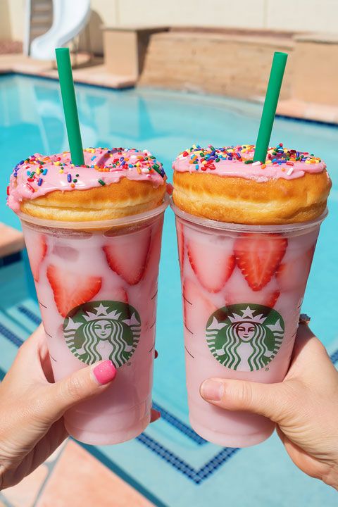 These Starbucks Drinks Look So Yummy : Strawberry Coconut Refresher Topped with Donut