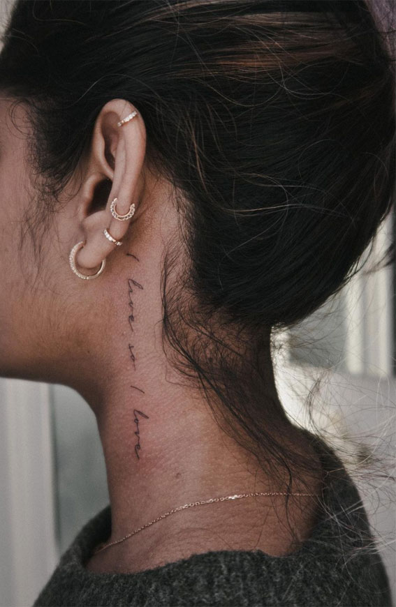 40 Meaningful Word Tattoos : Fine line script on the neck