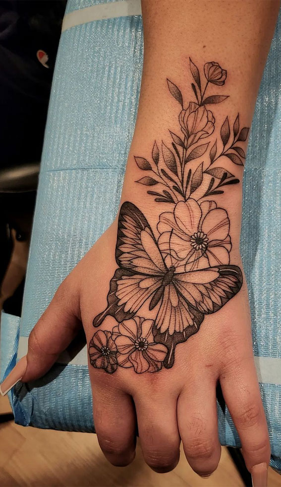 30 Cute Butterfly Tattoos : Butterfly & Flower on Hand