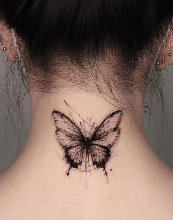 30 Cute Butterfly Tattoos : A Butterfly on Back Neck