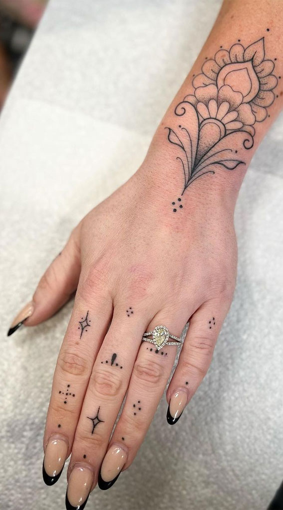 Leafy hand, done by @J.doraziotattoos on IG. The snake and equal sign were  existing tattoos, and there is a cover up on the ring finger. :  r/TattooDesigns