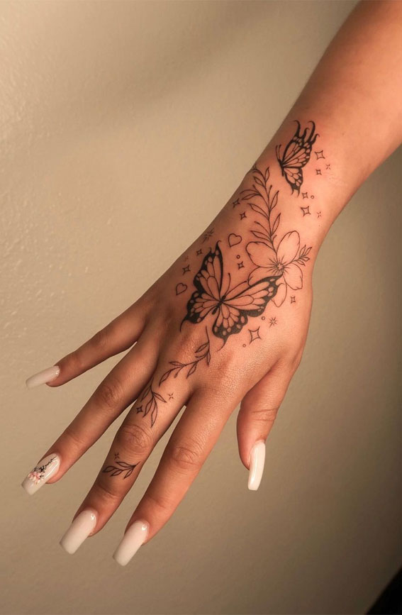 hand tattoo, hand tattoos, meaningful tattoo on hand, lettering hand tattoo, unique tattoos, butterfly tattoo on hand, hand tattoos ideas