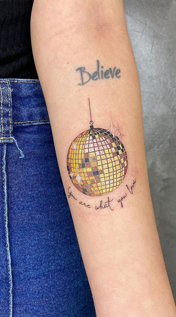 Enchanted Melodies Taylor Swift Tribute Tattoo Ideas : Gold Mirrorball Tattoo