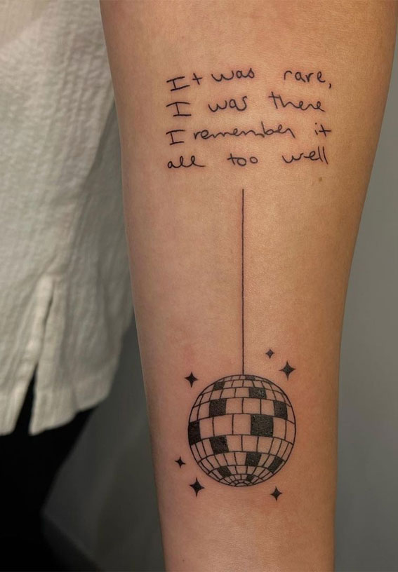 Enchanted Melodies Taylor Swift Tribute Tattoo Ideas : lyrics in her handwriting and a disco ball