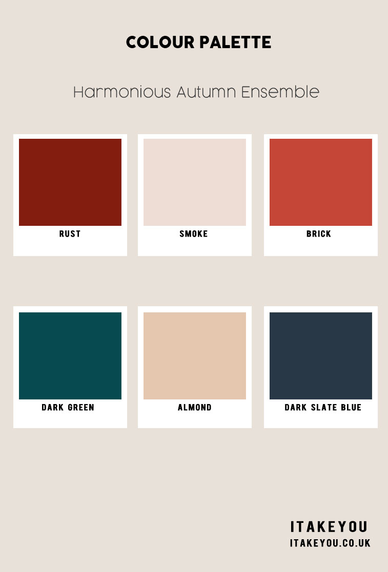 Brick Red, Rust, Smoke, Cool Dark Green, Dark Slate Blue, and Almond Colour Combination, Autumn Colour Palette, Autumn Colour Scheme, Autumn Colour Combo